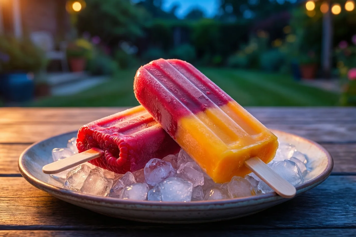 Twee zelfgemaakte ijsjes met framboos en mango liggen op een bord met gemalen ijs op een houten tuintafel, met groen en een lichtslinger onscherp op de achtergrond in warm avondlicht.