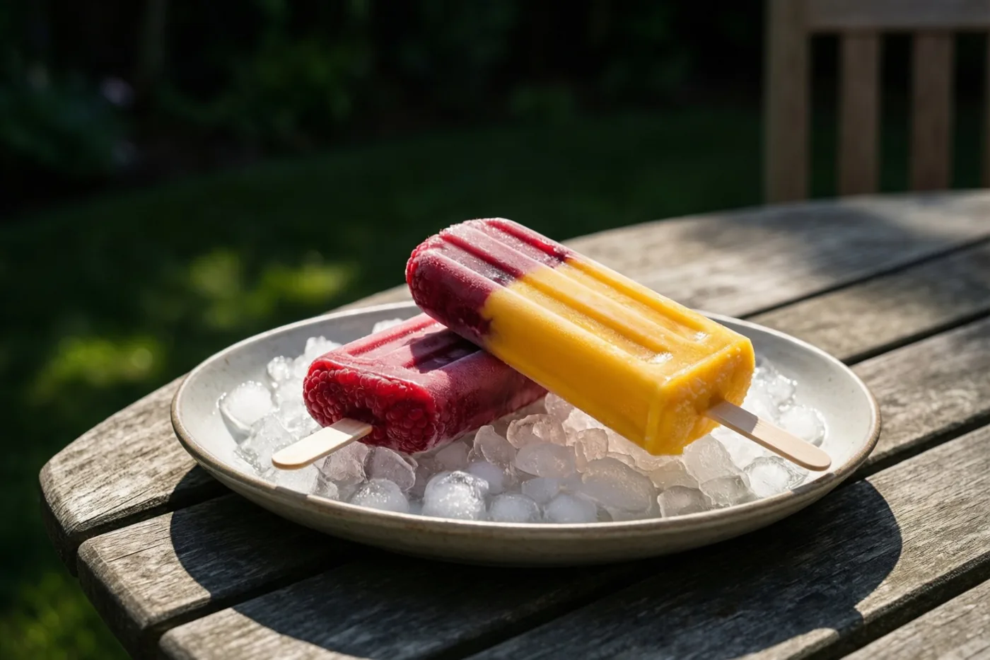 Een rood frambozenijsje en een geel mango-ijsje liggen op een bord met gemalen ijs op een houten tuintafel, met een onscherpe groene tuin op de achtergrond.
