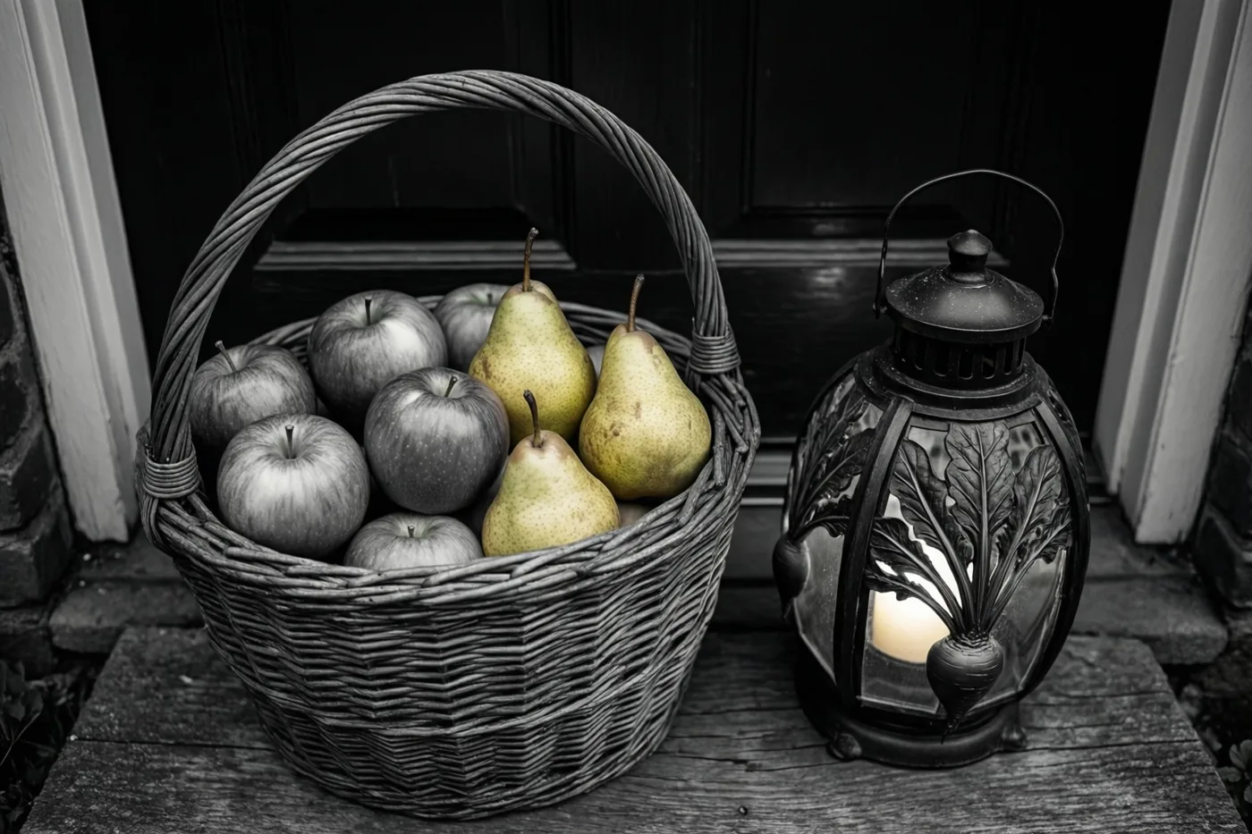 Een zwart-witbeeld toont een rieten mand appels en peren naast een uitgesneden bietenlantaarn met een brandende kaars op een houten trede bij een achterdeur.