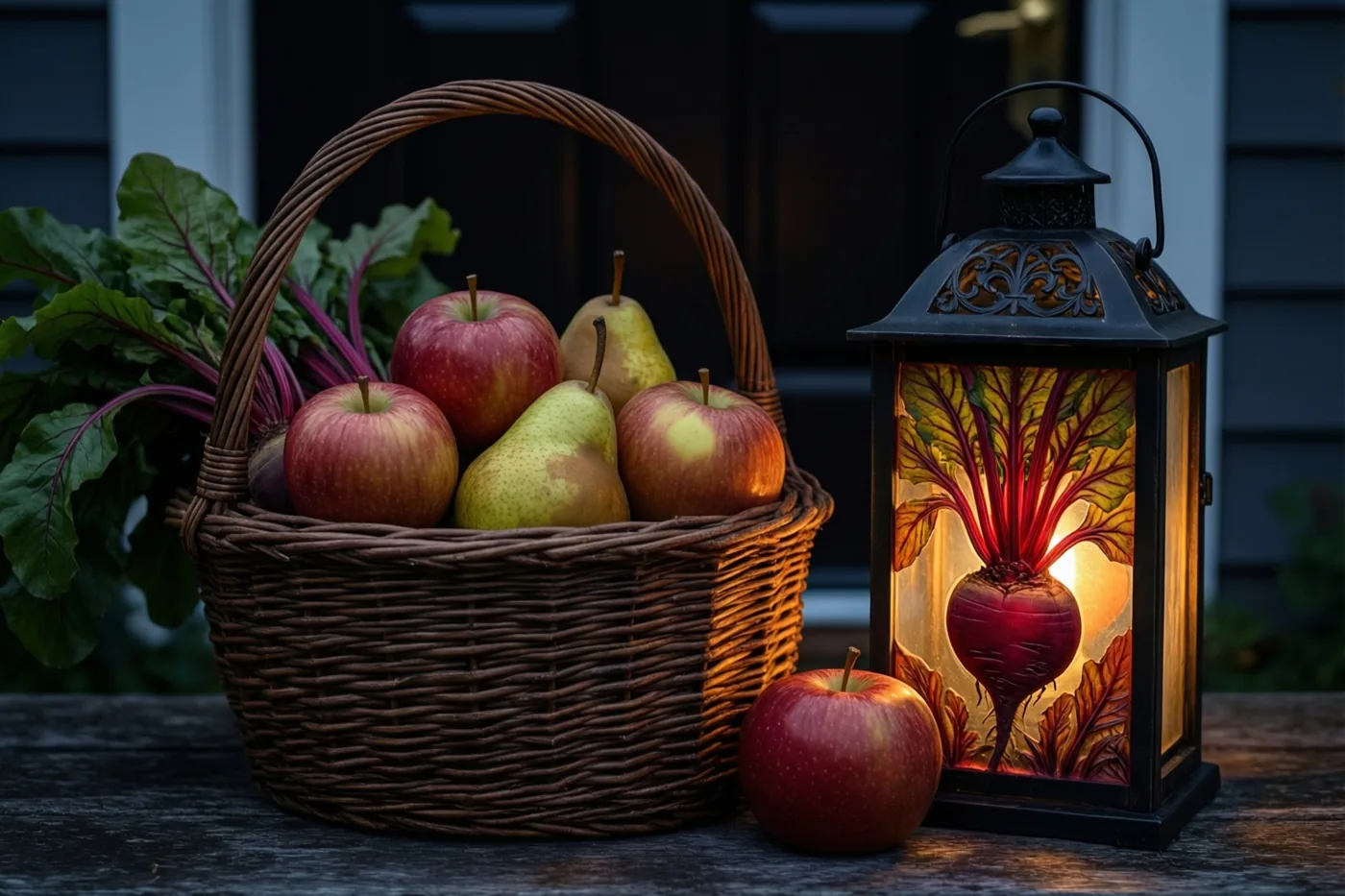 Een rieten mand met appels en peren staat bij een achterdeur op een houten ondergrond naast een brandende lantaarn met een uitgesneden bietenmotief in de schemering.