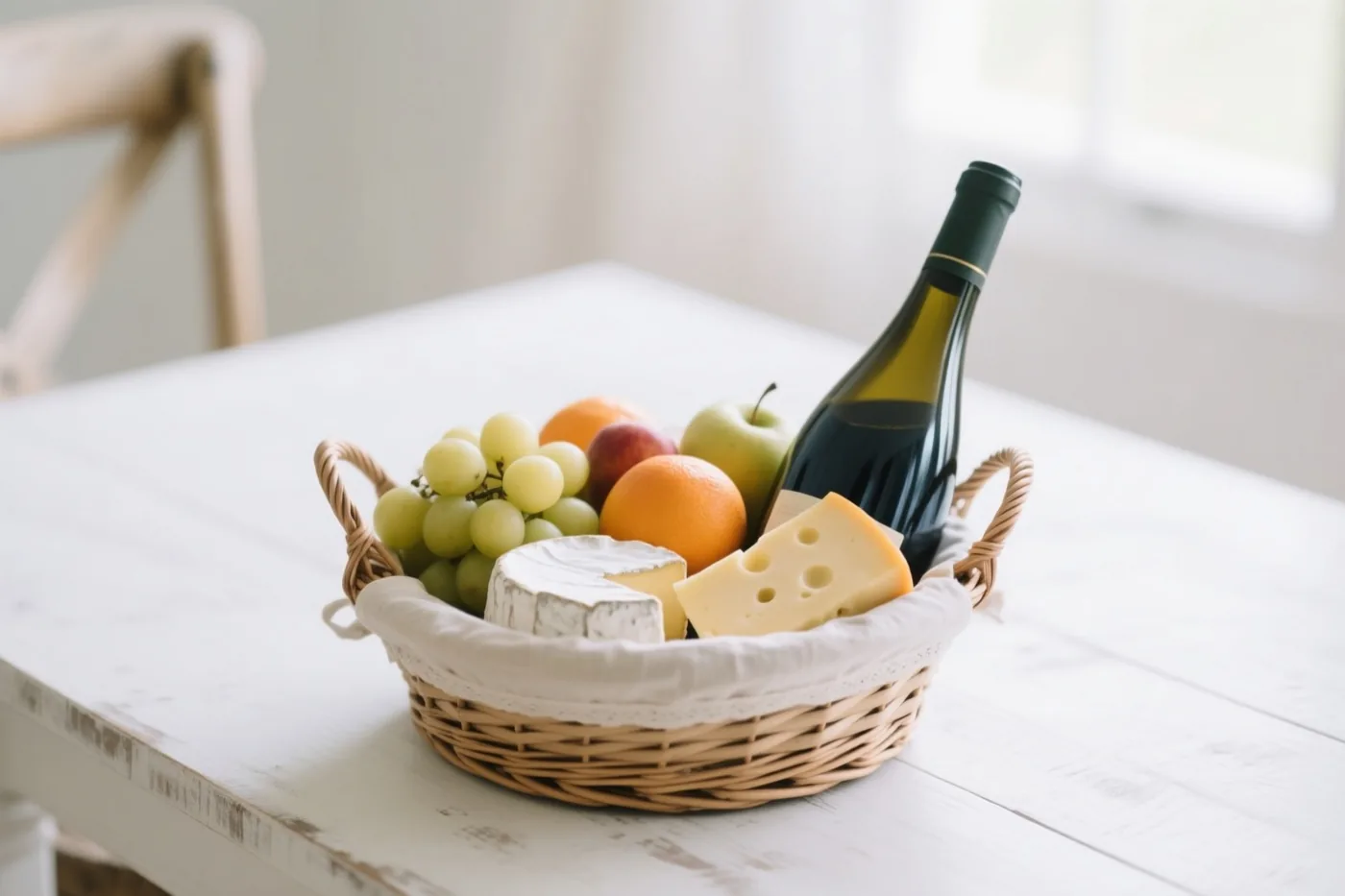 Een rieten mand met druiven, sinaasappels, appels, kaas en een wijnfles staat op een witte boerentafel in zacht daglicht.