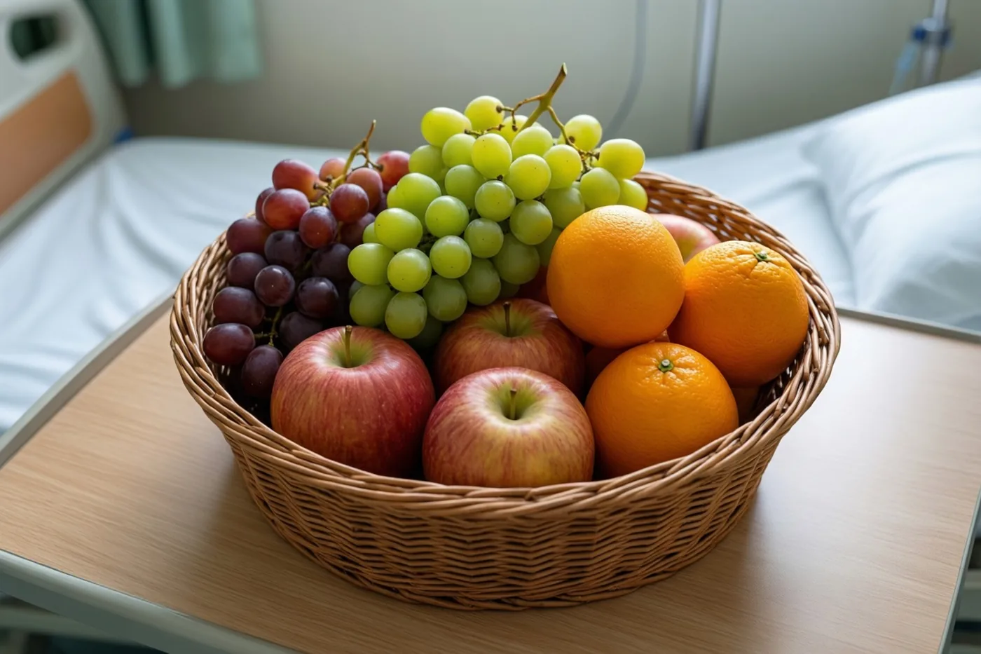 Een rieten mand met rode appels, groene en paarse druiven en sinaasappels staat op een houten nachtkastje in een zacht verlichte ziekenhuiskamer met een bed en medische apparatuur.