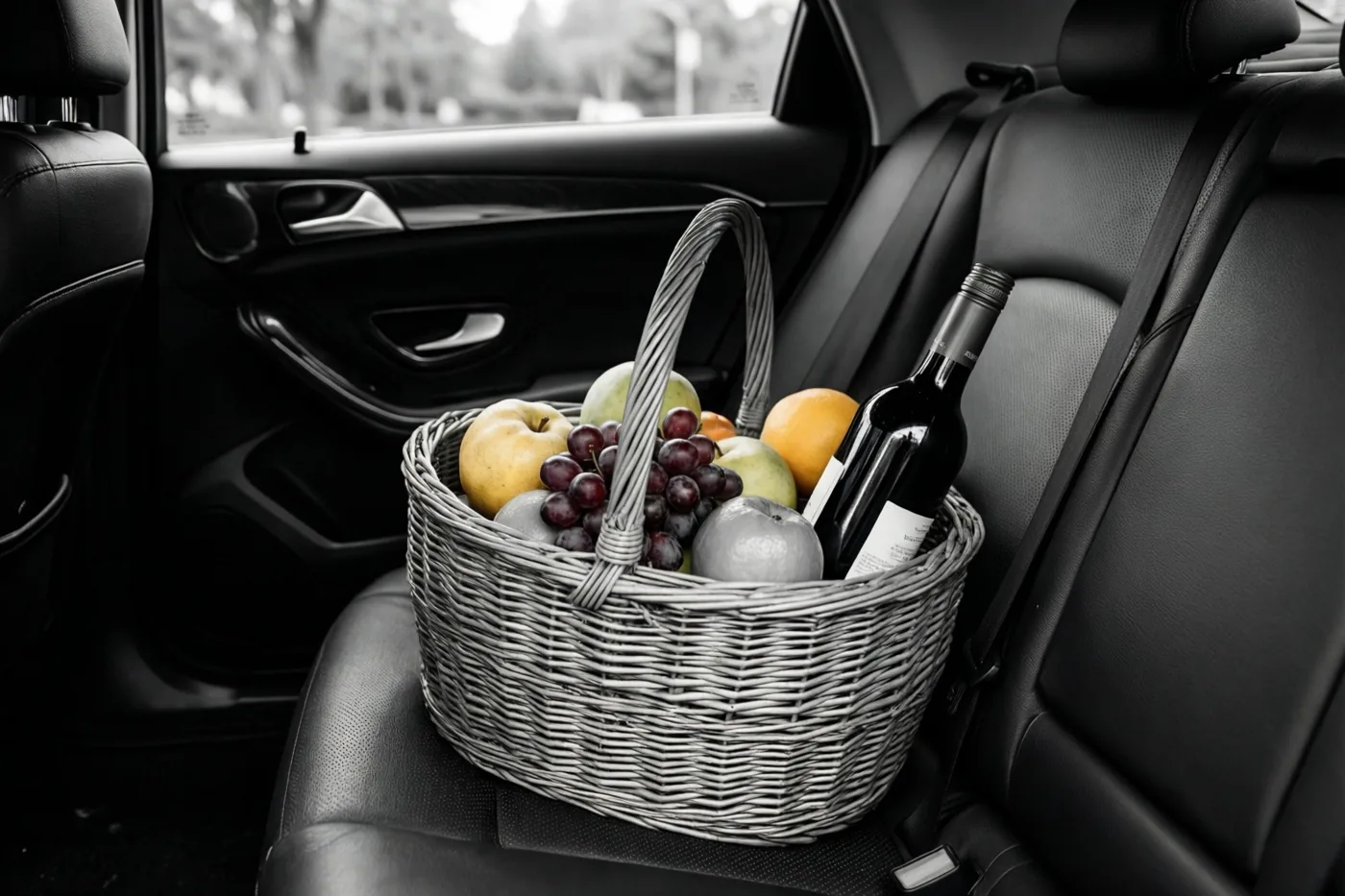Een rieten mand met fruit en een fles wijn staat op de achterbank van een auto, in zwart-wit met kleuraccenten op het fruit en de wijn.