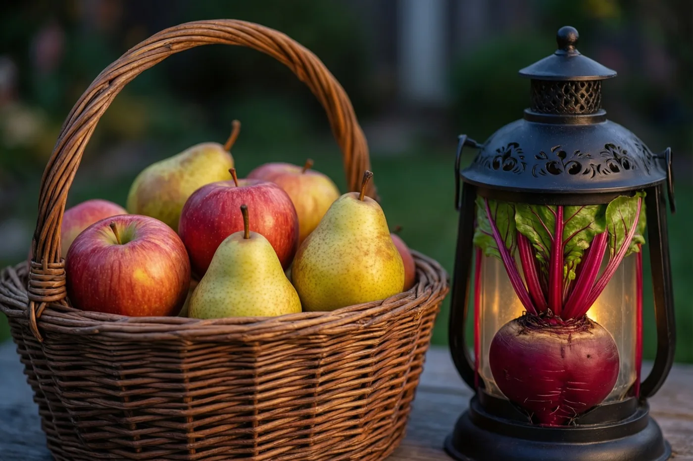 Een rieten mand rode appels en gele peren staat buiten op hout naast een zwarte metalen lantaarn met een lichtgevende biet, voor een onscherpe groene achtergrond in de schemering.