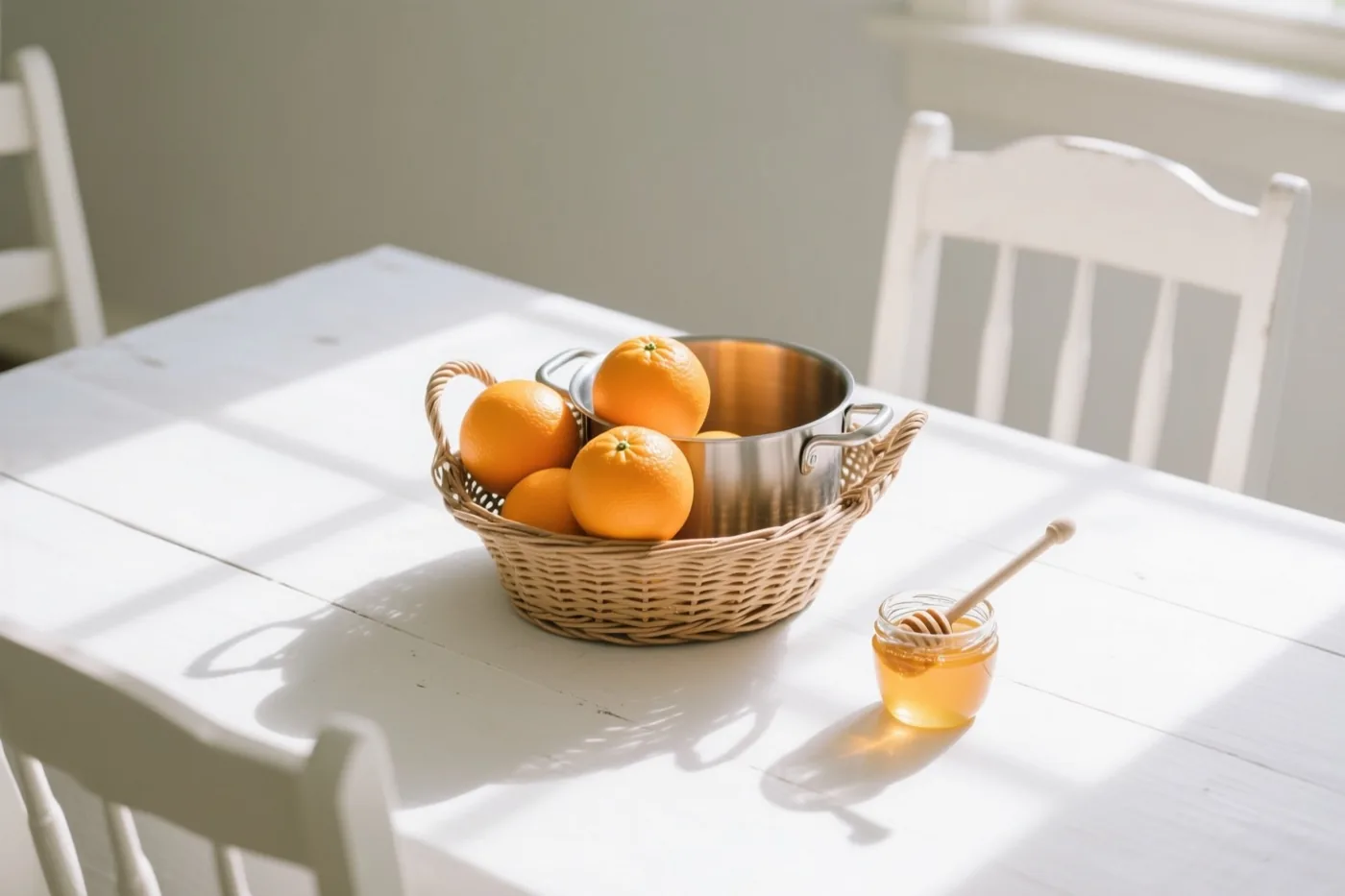 Op een witte landelijke tafel staan een rieten mand met sinaasappels en een metalen pot, naast een pot honing met een houten honinglepel in fel zonlicht.