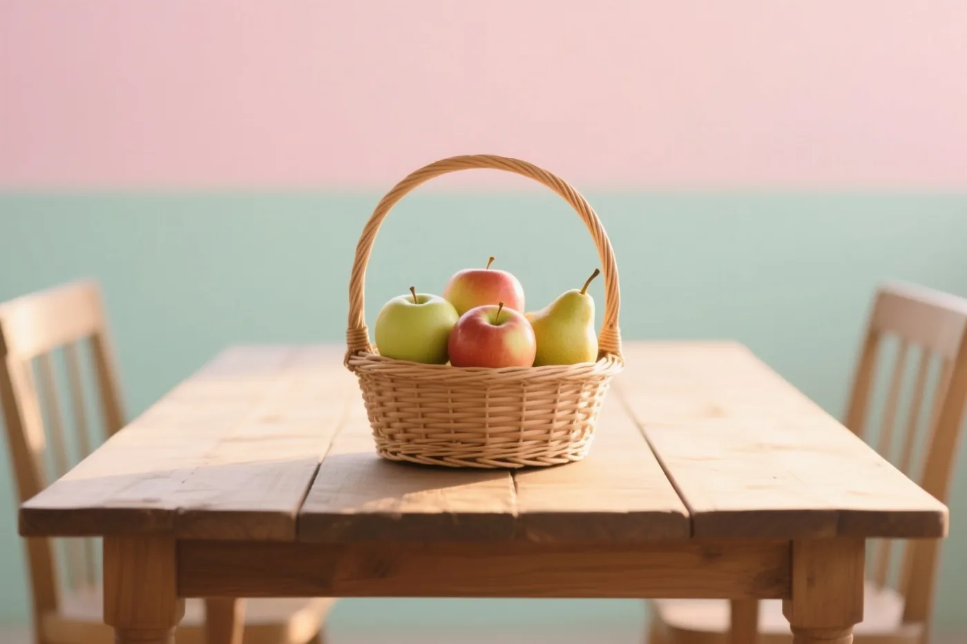 Een gevlochten mand met appels en peren staat op een houten tafel, met houten stoelen en een pastelroze en blauwgroene achtergrond.