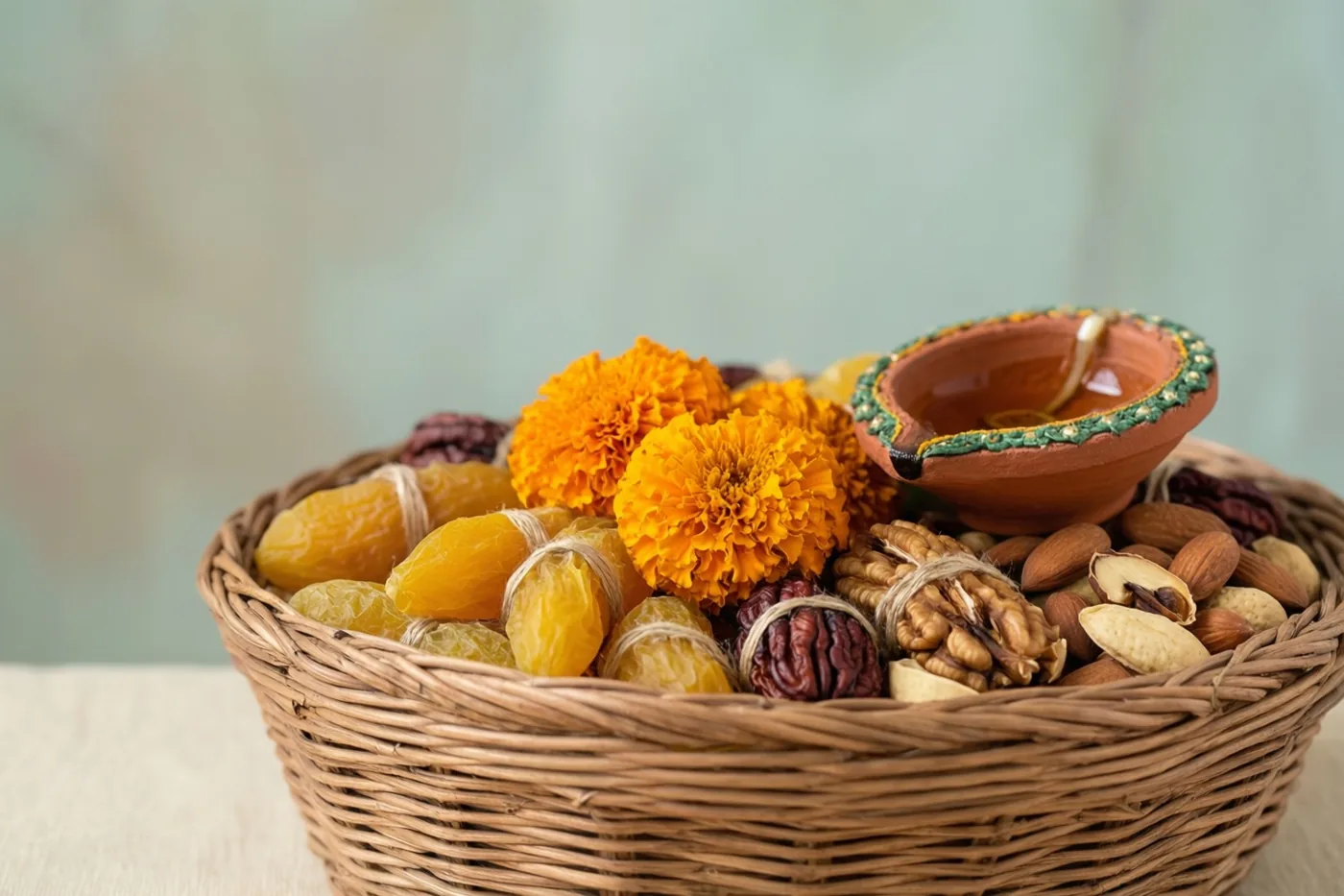 Een gevlochten mand met gedroogd fruit, noten, afrikaantjes en een olielampje van klei staat op een lichte ondergrond tegen een zachtgroene achtergrond.