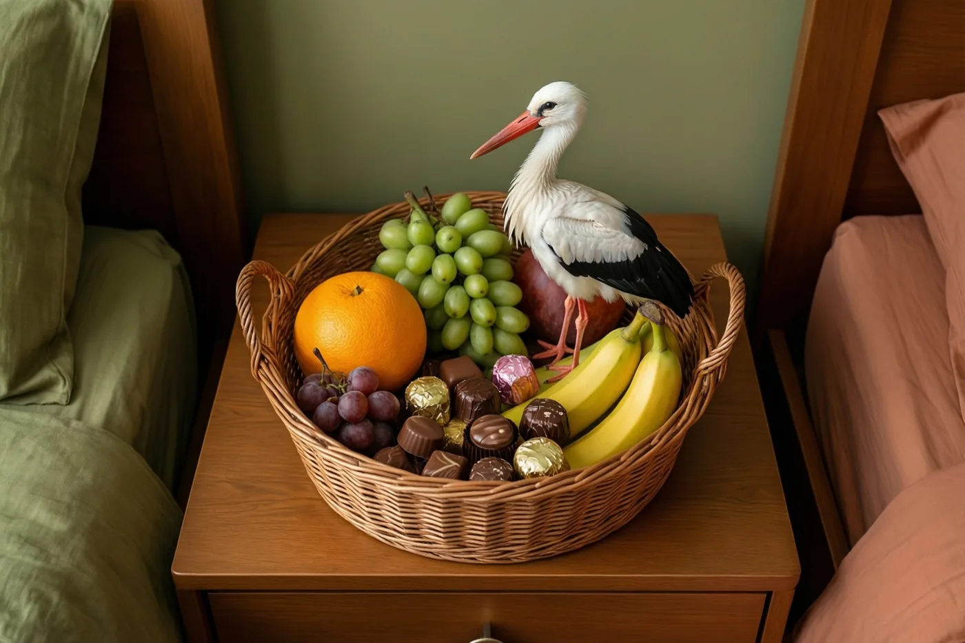 Een rieten mand met fruit, chocolaatjes en een witte ooievaar staat op een houten nachtkastje tussen twee bedden met groen en roze beddengoed.