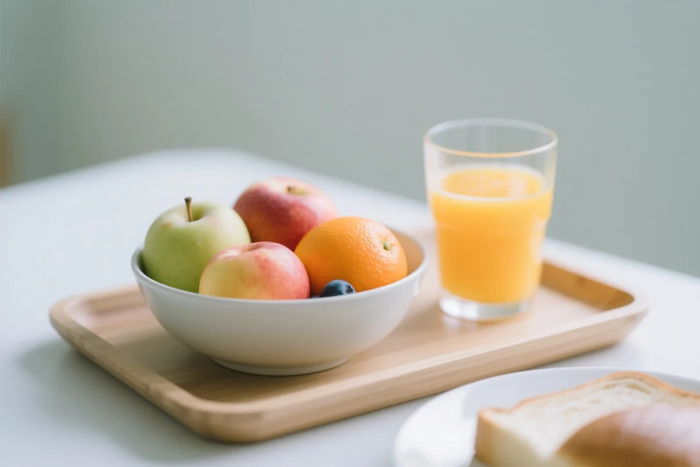 Een witte schaal met appels, een sinaasappel en een blauwe bes staat naast een glas sinaasappelsap op een houten dienblad, op een witte tafel tegen een zachtgroene muur.
