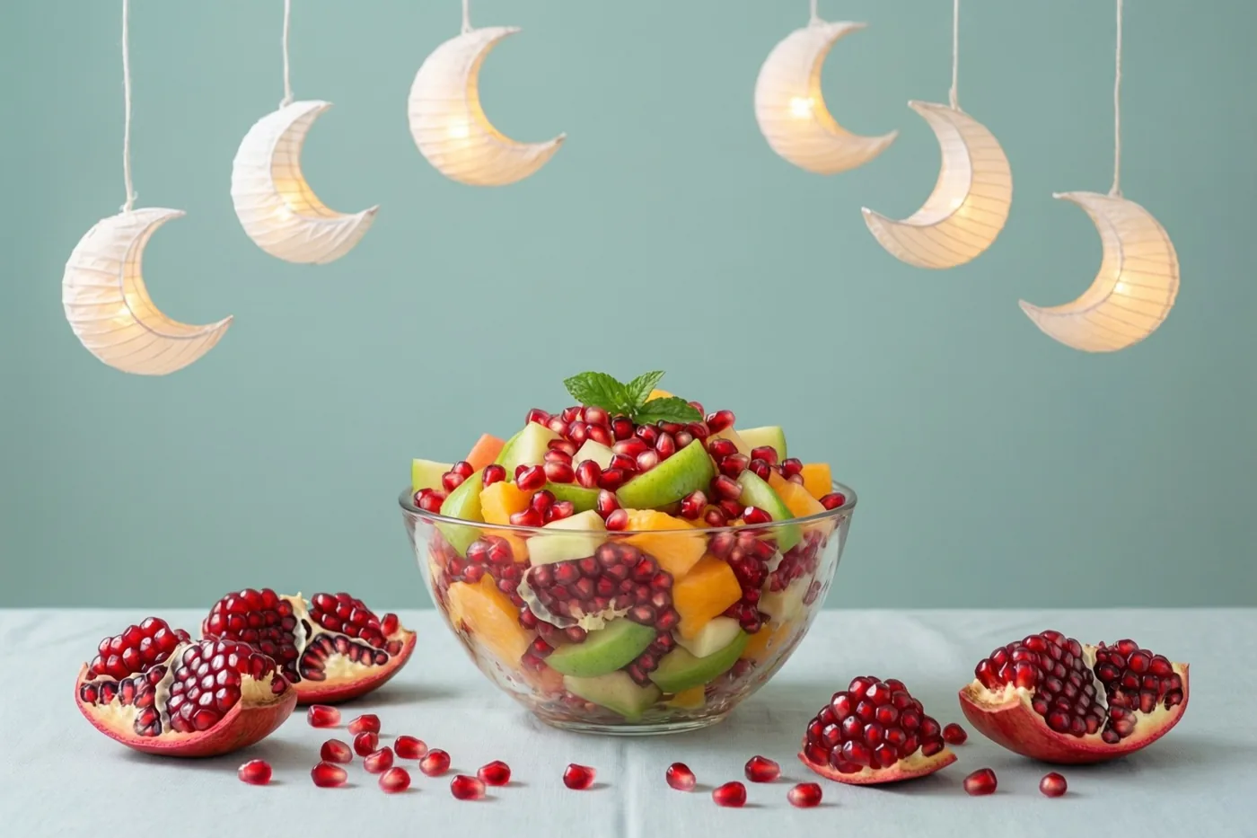 Een glazen kom fruitsla met granaatappelpitten staat op een lichtblauw tafelkleed tussen halve granaatappels en losse pitten, onder brandende witte maansikkellantaarns tegen een blauwgroene muur.