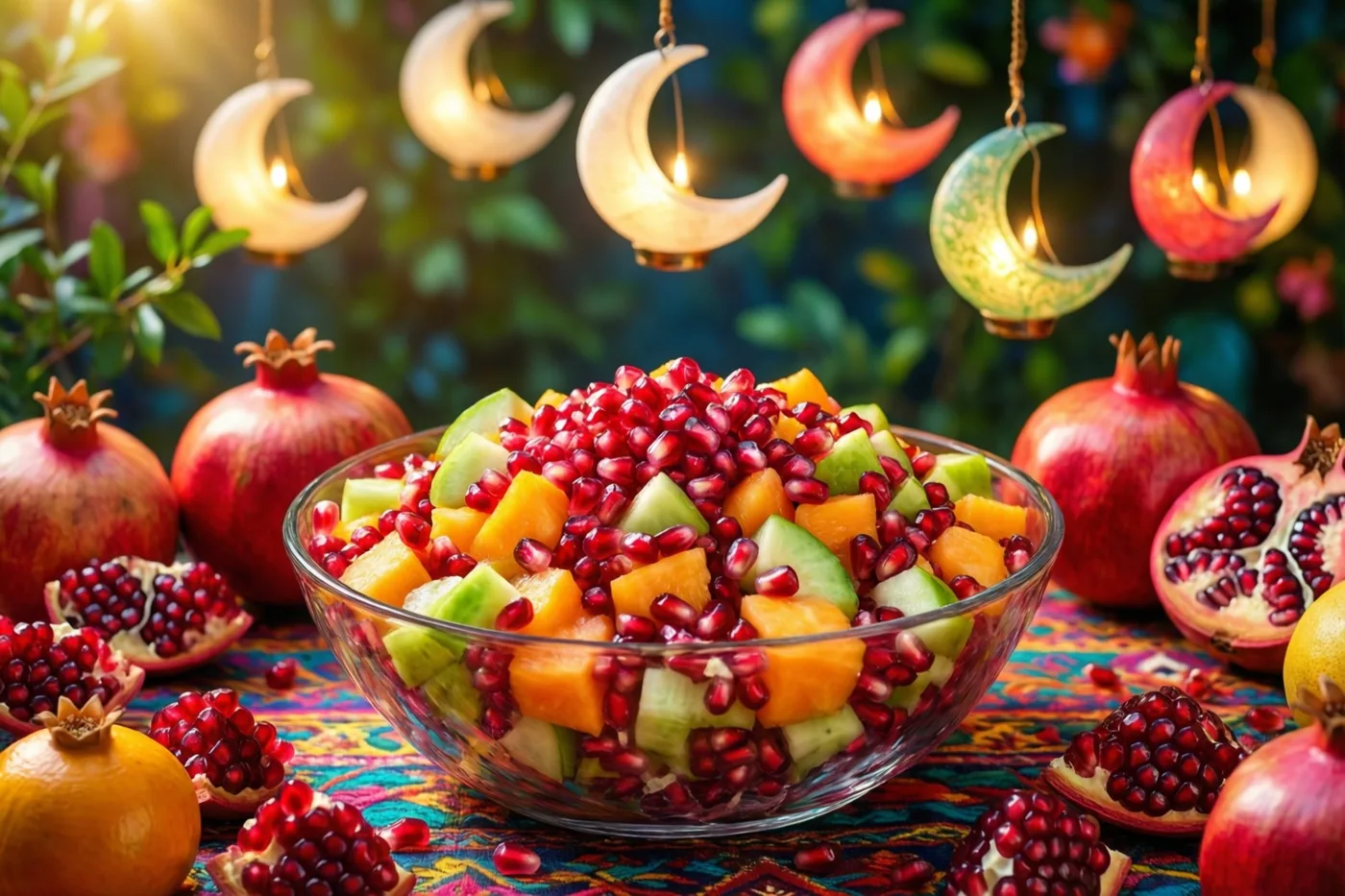 Een glazen kom fruitsla met granaatappelpitten staat op een tafelkleed met patronen tussen hele en gesneden granaatappels, met brandende hangende maansikkellantaarns voor groen gebladerte.