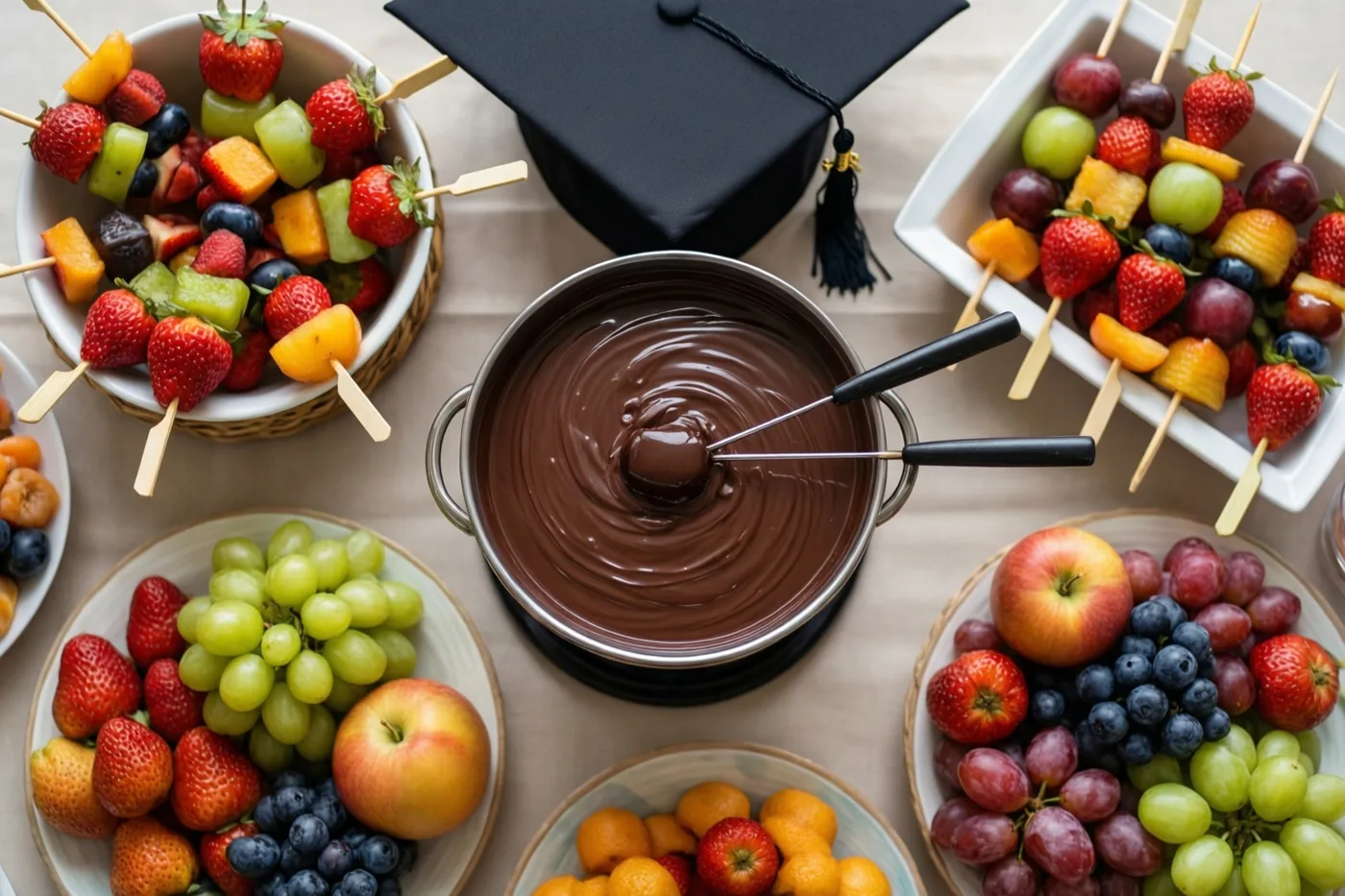 Van bovenaf zijn fruitspiesjes rond een pot gesmolten chocolade op een beige tafelkleed te zien, met een afstudeerhoedje prominent in het midden.