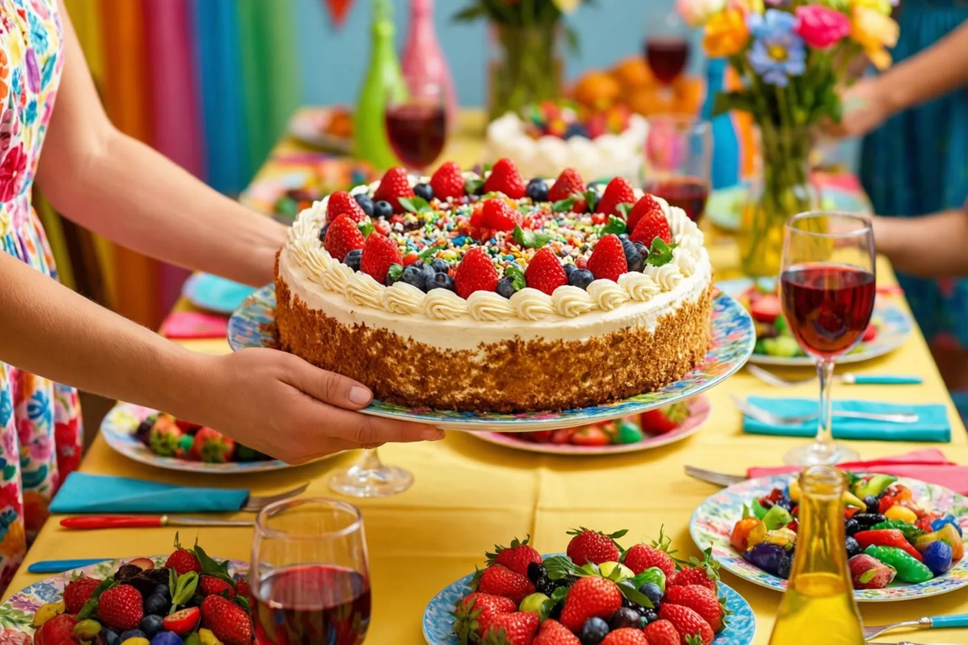 Twee handen houden een grote taart met fruit op een sierbord voor een feesttafel met een geel tafelkleed, kleurrijke borden en rode wijnglazen.