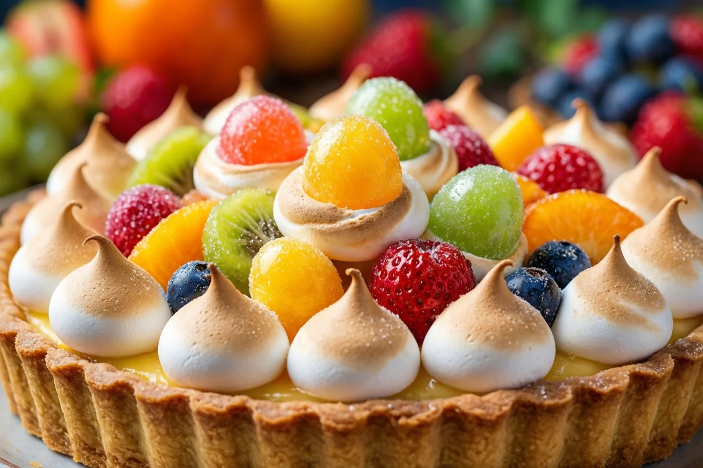 Een fruittaart met een goudbruine korst is van dichtbij te zien, met kleurrijk vers fruit en gebruinde meringuenestjes bovenop.