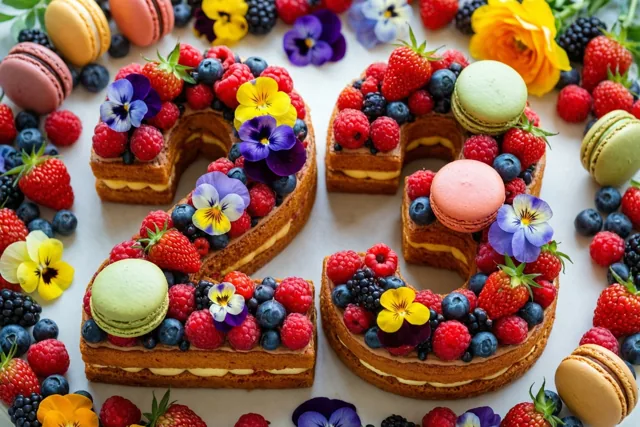 Een taart in de vorm van 23 staat op een witte ondergrond, versierd met aardbeien, frambozen, blauwe bessen, bramen, macarons en eetbare bloemen.