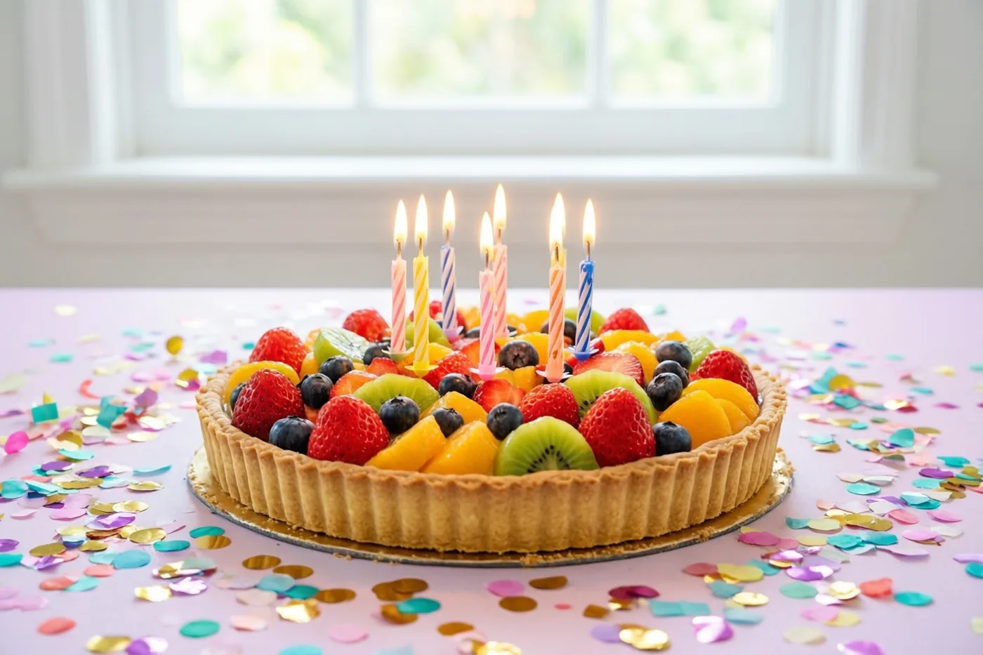 Een fruittaart met brandende kaarsjes staat op een pastelroze tafel met kleurrijke confetti bij een helder raam.