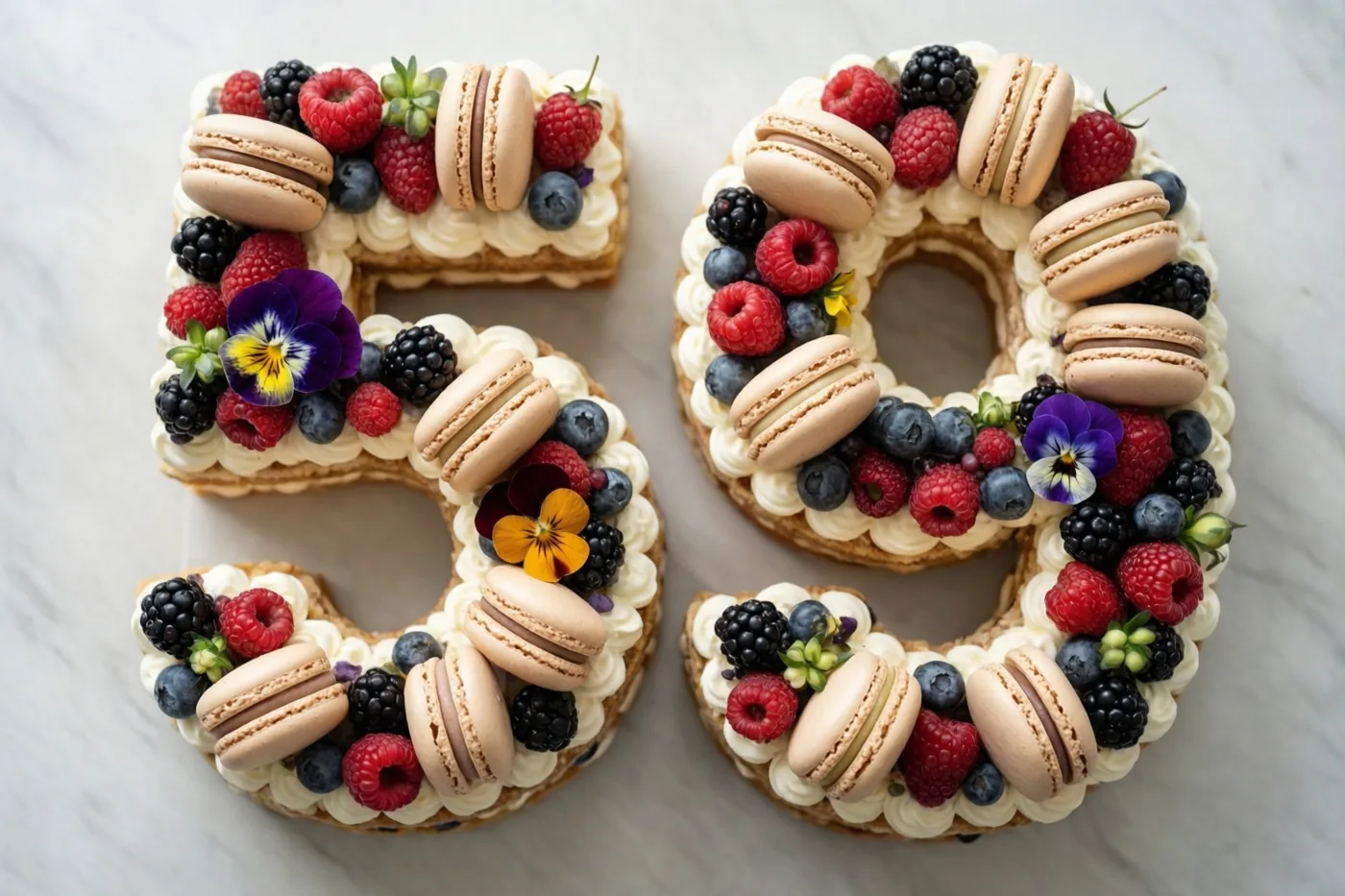 Een taart in de vorm van 59 met frambozen, bramen, blauwe bessen, macarons en eetbare bloemen staat op licht marmer.