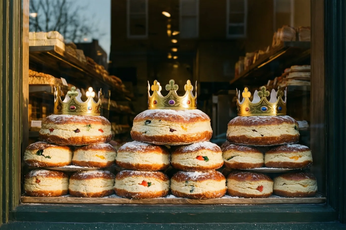 In een warm verlichte bakkersetalage liggen stapels met fruit gevulde driekoningentaarten met bloemsuiker en gouden papieren kronen.