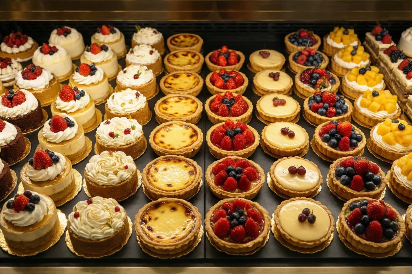 In een helder verlichte toog staan rijen taarten en fruittaartjes met goudgele korsten, romige vullingen en rode en blauwe bessen.