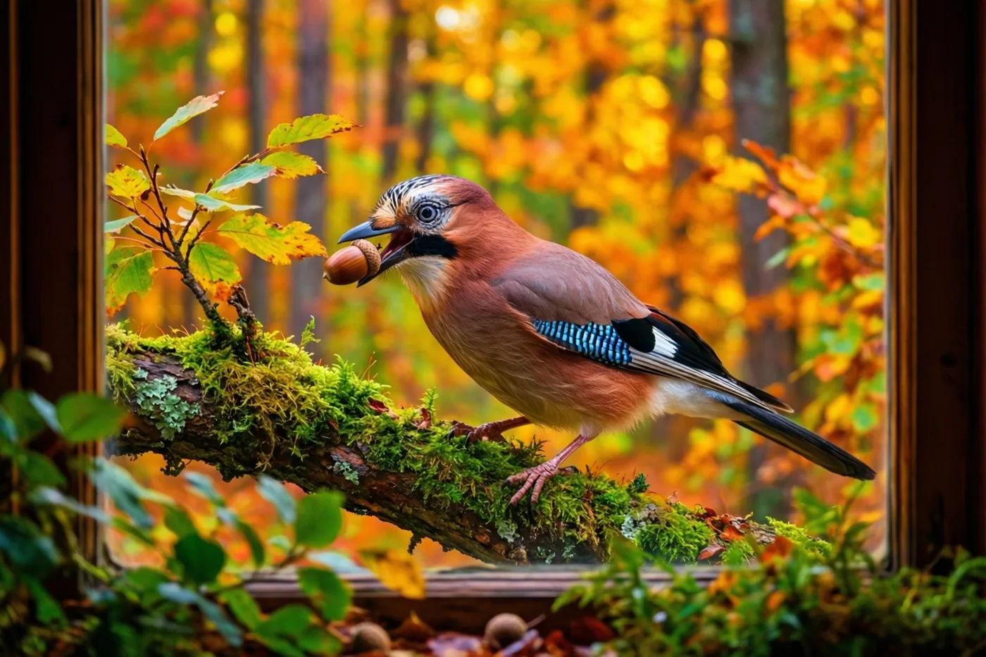 Door een raam is een gaai te zien die met een eikel in zijn snavel op een bemoste tak zit, met een goudkleurig en oranje herfstbos op de achtergrond.