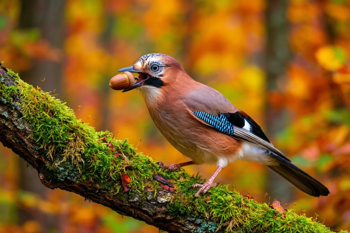 Een gaai zit op een met mos bedekte tak met een eikel in zijn snavel, tegen een wazige achtergrond van oranje en geel herfstloof.