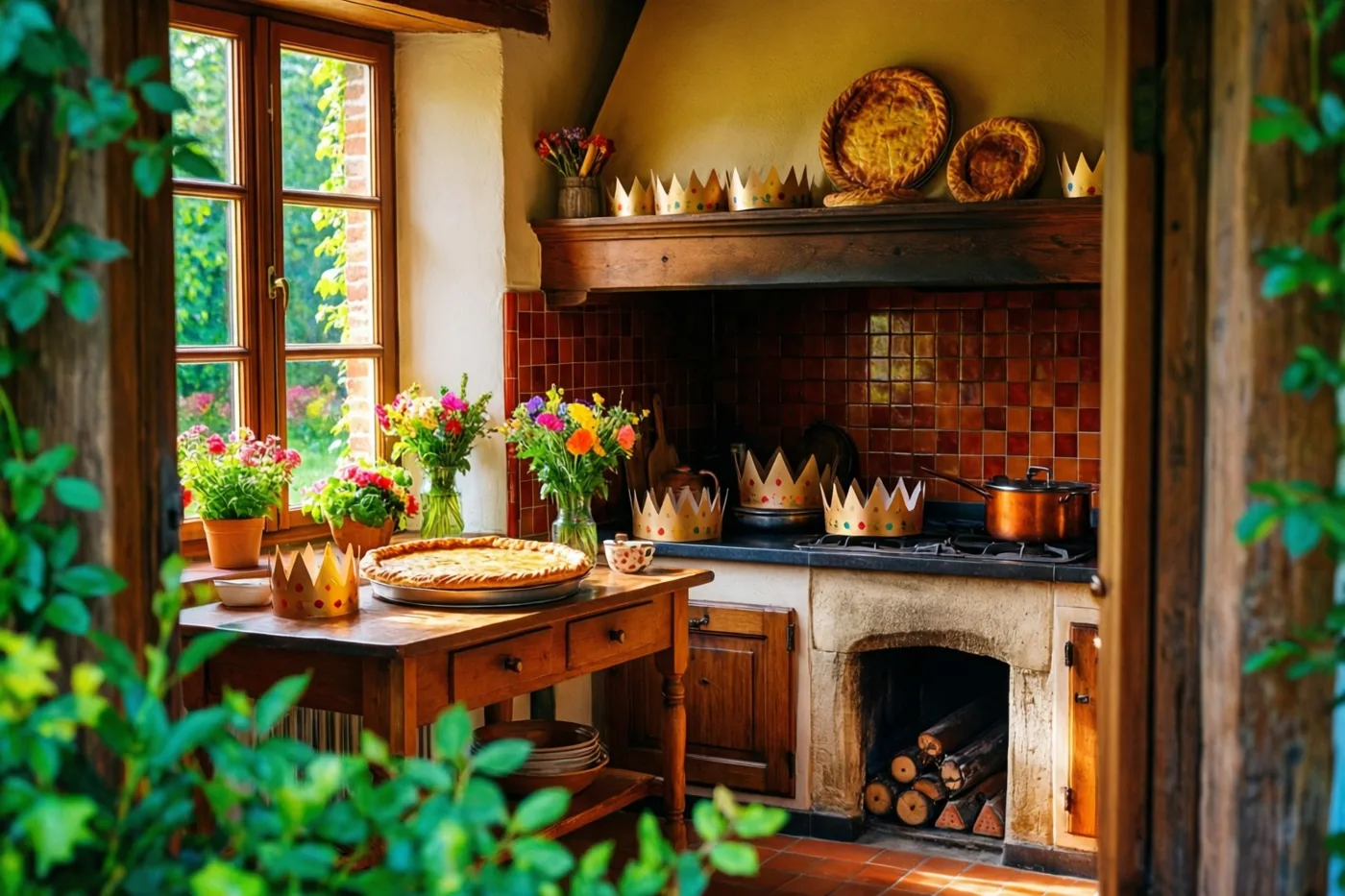 In een warm verlichte Vlaamse hoevekeuken liggen een galette en papieren kronen op een houten tafel, met een tegelkachel en een raam met bloemen op de achtergrond en groene bladeren op de voorgrond.