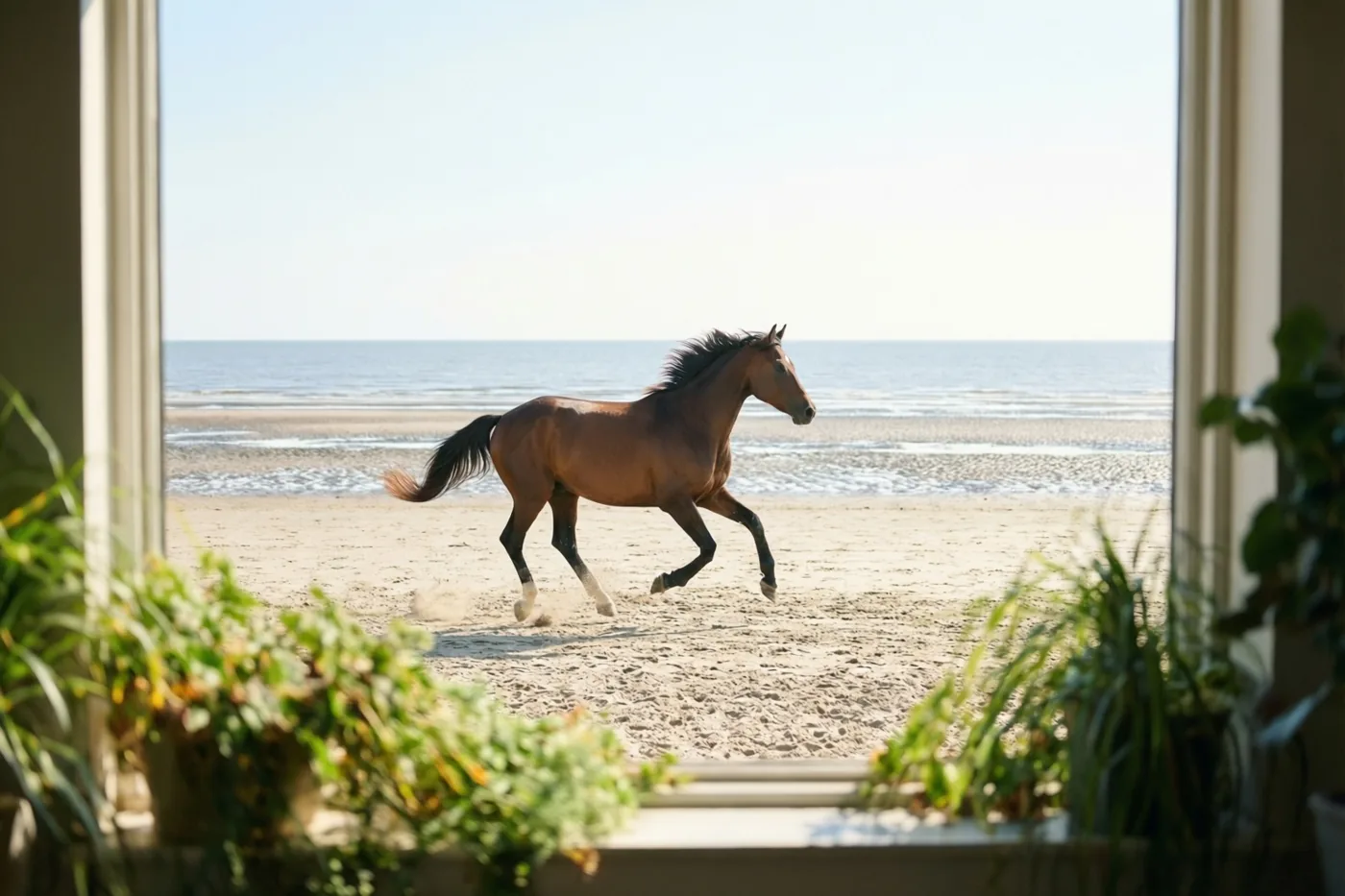 Door een raam met groene planten op de voorgrond is een bruin paard te zien dat over een breed zandstrand bij eb galoppeert, met de zee onder een heldere lucht.