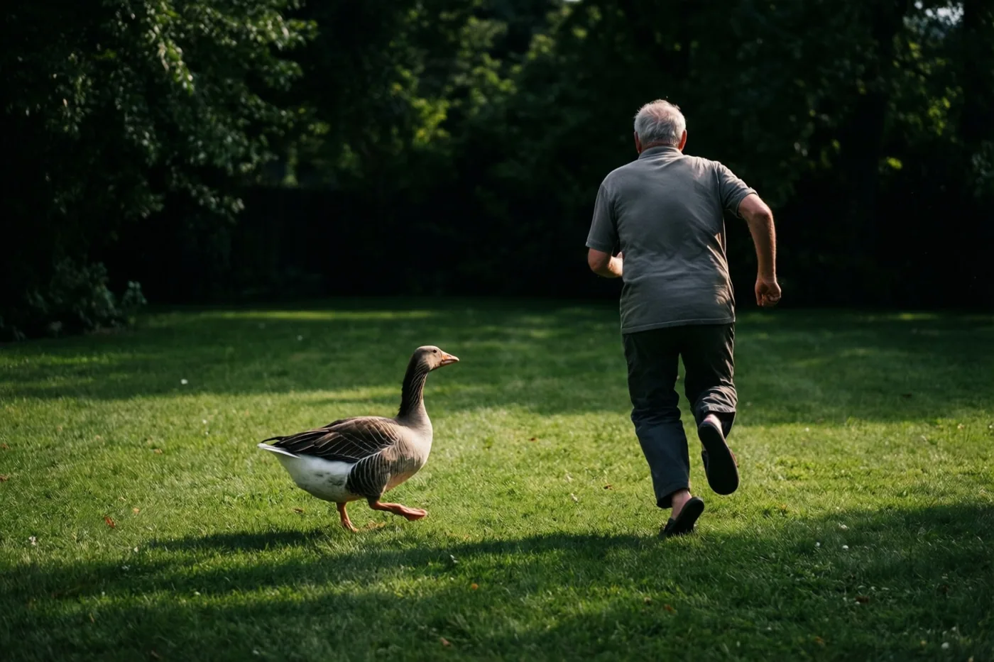 Een oudere man met grijs haar rent van de kijker weg over een zonnig groen gazon, achtervolgd door een grijs-witte gans, met bomen op de achtergrond.