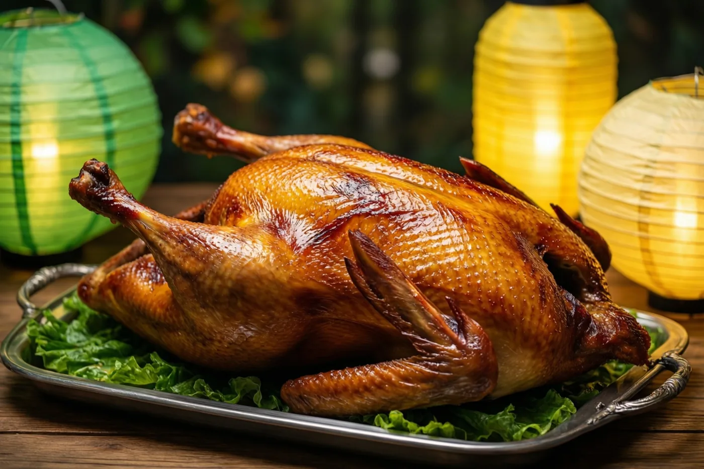 Een hele goudbruin gebraden gans ligt op een zilveren schaal met groene sla op een houten tafel bij drie brandende papieren lantaarns in groen, geel en crème.