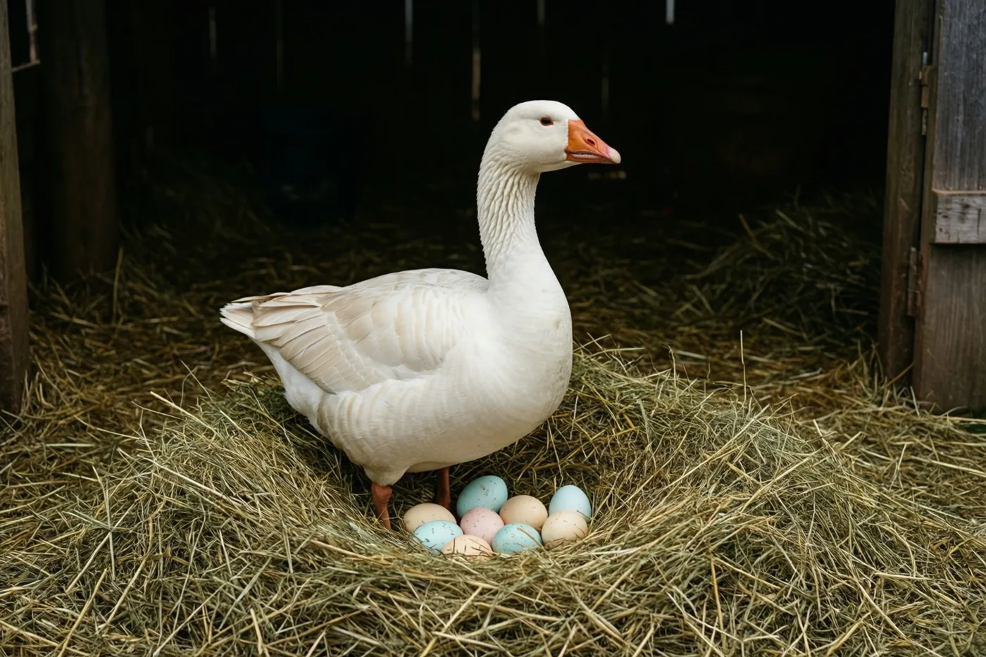 Een witte gans bewaakt kleurrijke paaseieren in het hooi van een schemerige, rustieke schuur met houten wanden en stro op de grond.