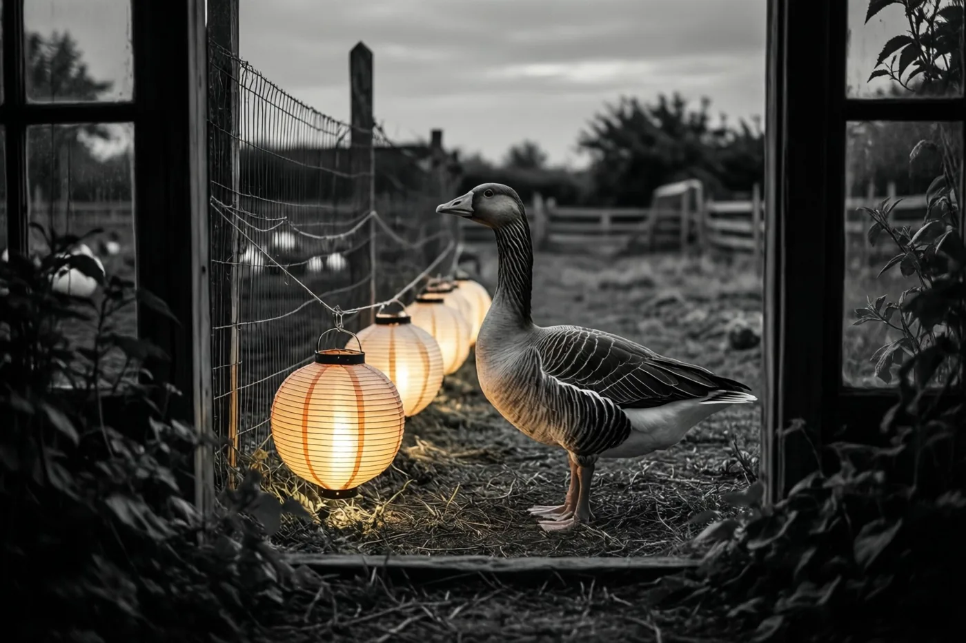Een gans staat bij valavond op een boerenerf naast verlichte papieren lampionnen aan een hek, waarbij alleen de lampionnen kleur hebben in het zwart-witte beeld.