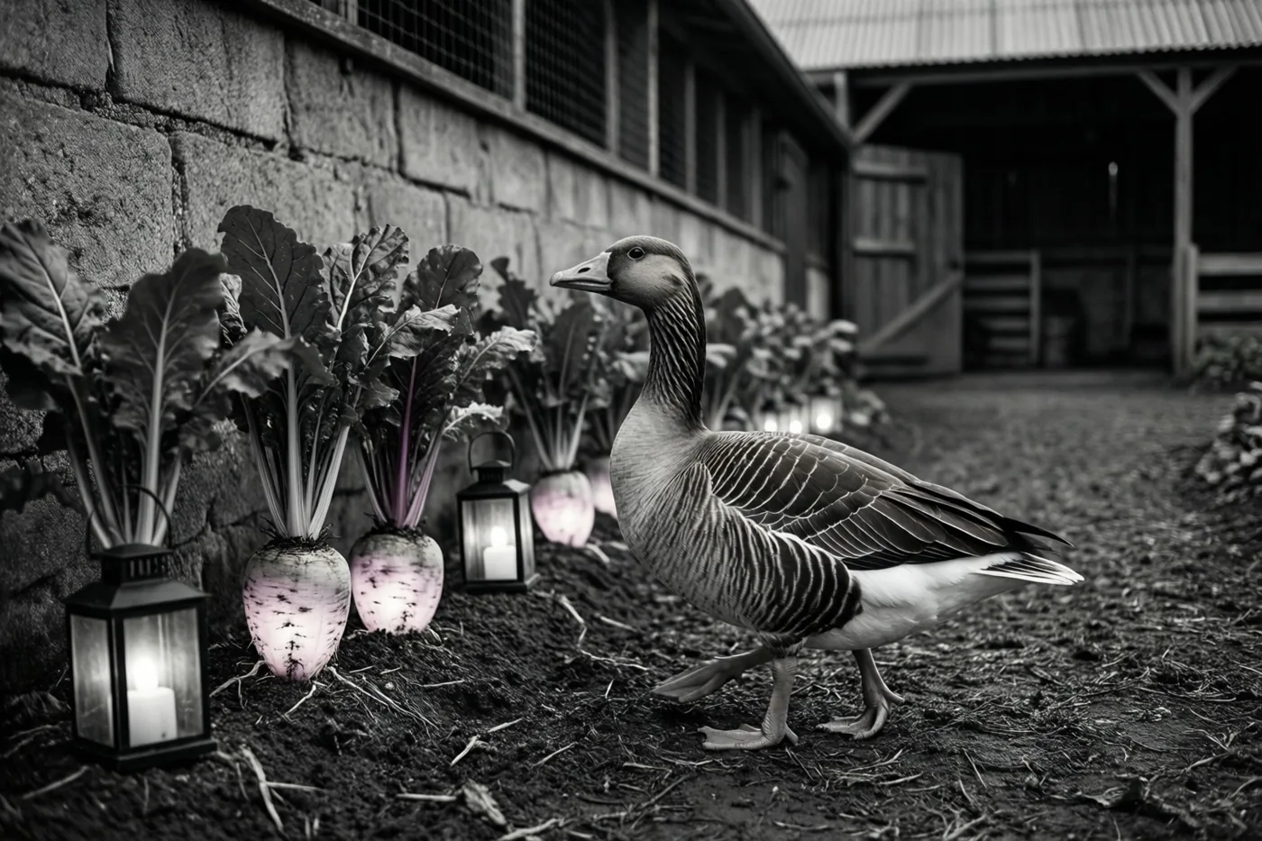 Een gans loopt op een onverhard boerenerf langs lichtgevende suikerbieten tegen een stenen muur, in een zwart-witbeeld waarin alleen de bieten kleur hebben.