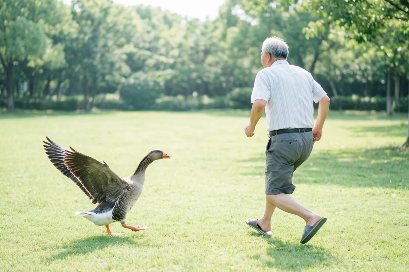 Een oudere man op pantoffels rent van de kijker weg over een gazon in een zonnig park, achtervolgd door een gans met gespreide vleugels.