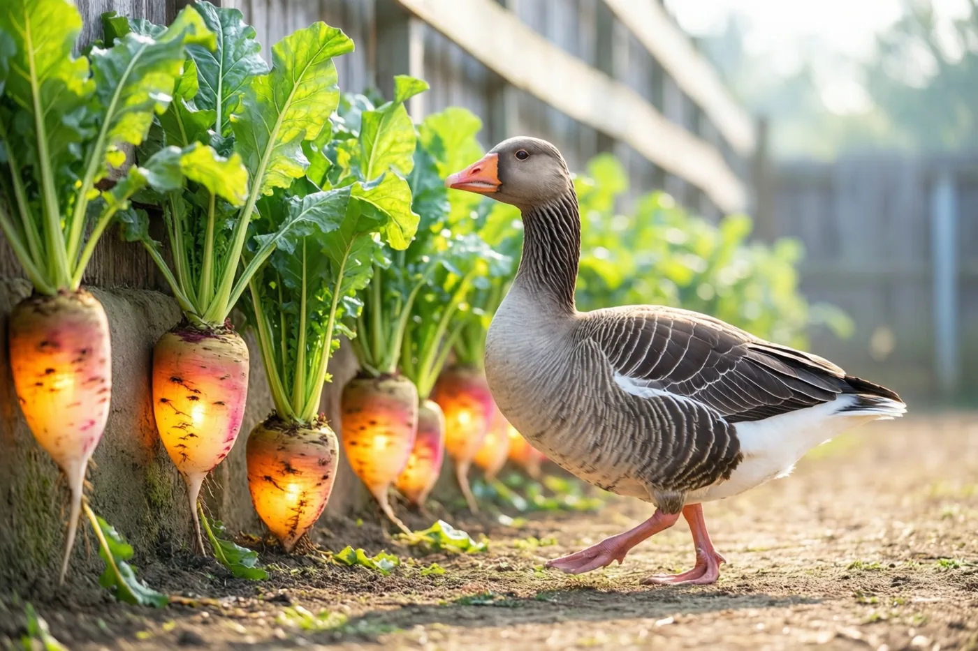 Een grijze gans met een oranje snavel en roze poten loopt op een zonnig boerenerf langs suikerbieten die van binnenuit oplichten in een houten omheining.