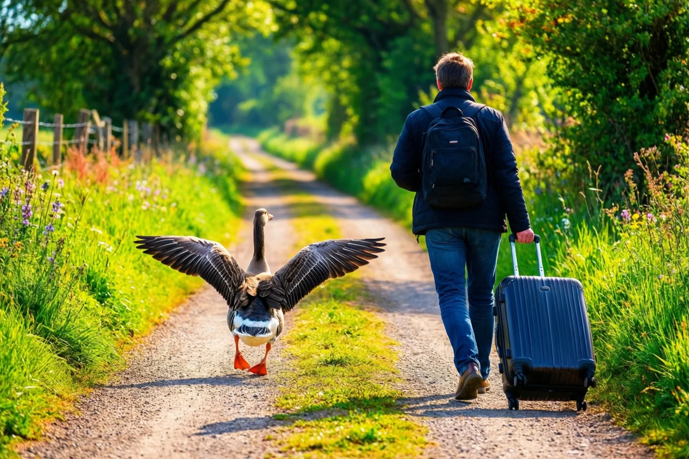 Een gans met gespreide vleugels volgt een persoon met een rugzak en rolkoffer over een zonnige landweg met wilde bloemen en bomen.