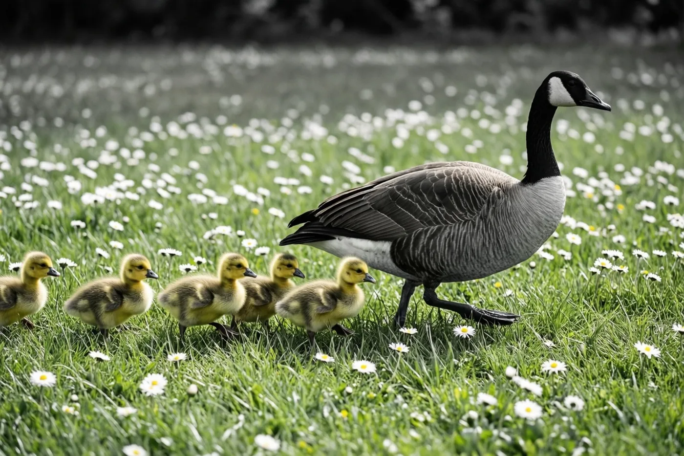 Een moedergans loopt voor een rij donzige gele kuikens uit over groen gras met witte madeliefjes.