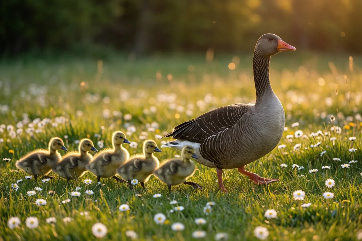Een moedergans loopt voor vijf donzige kuikens uit door een zonnige weide vol madeliefjes in warm, goudkleurig licht.