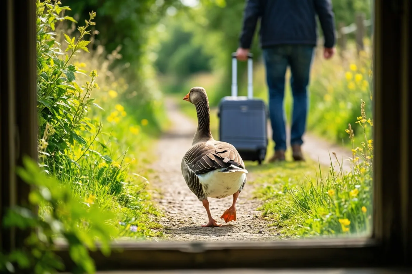 Een gans loopt van achteren gezien over een zonnige landweg met groen en gele veldbloemen, met verderop een persoon die een koffer trekt en een raam- of deuropening rond het beeld.