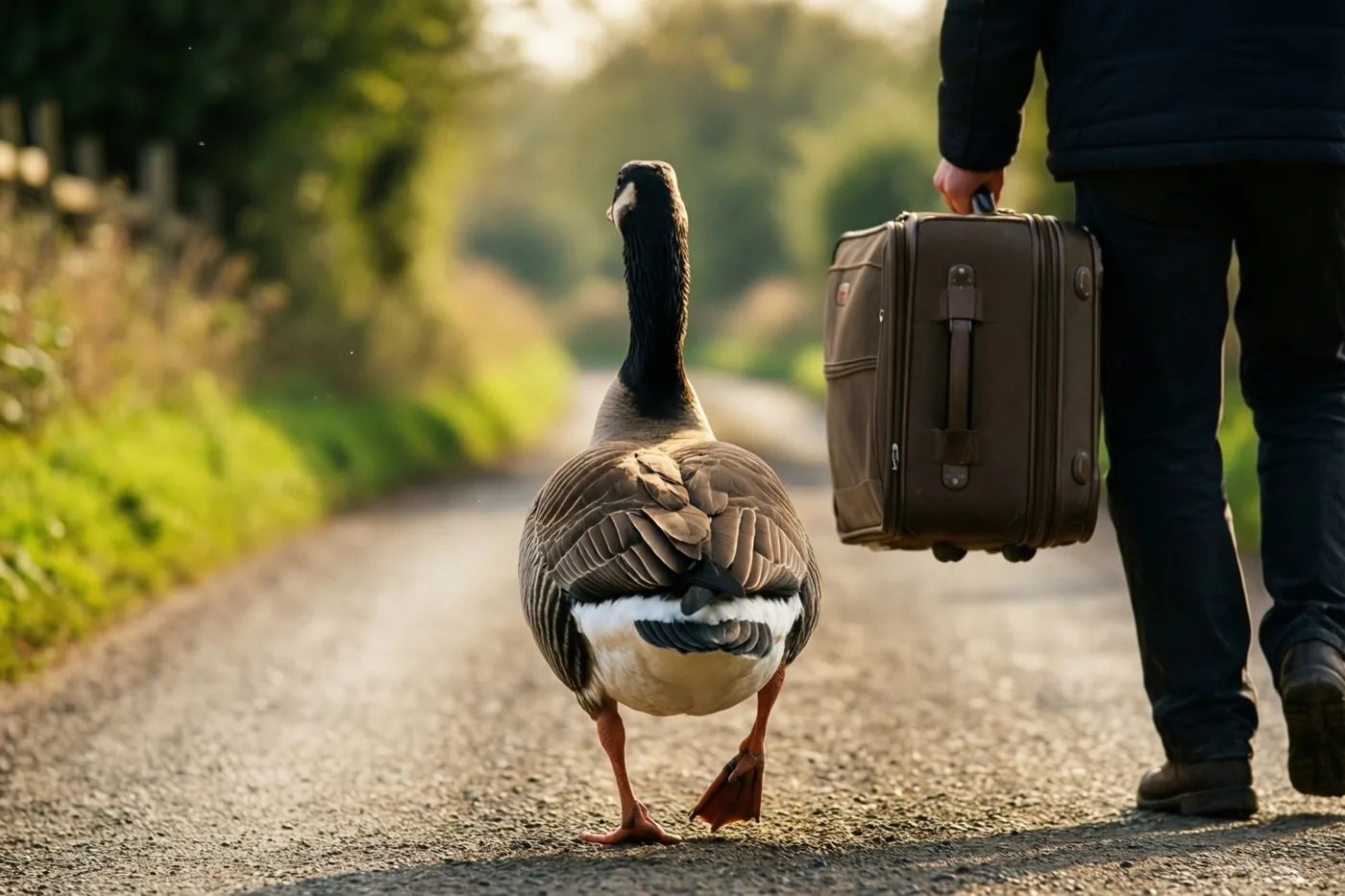 Een gans loopt van achteren gezien over een landelijke grindweg achter een persoon die een koffer draagt, met groen langs de weg in goudkleurig zonlicht.