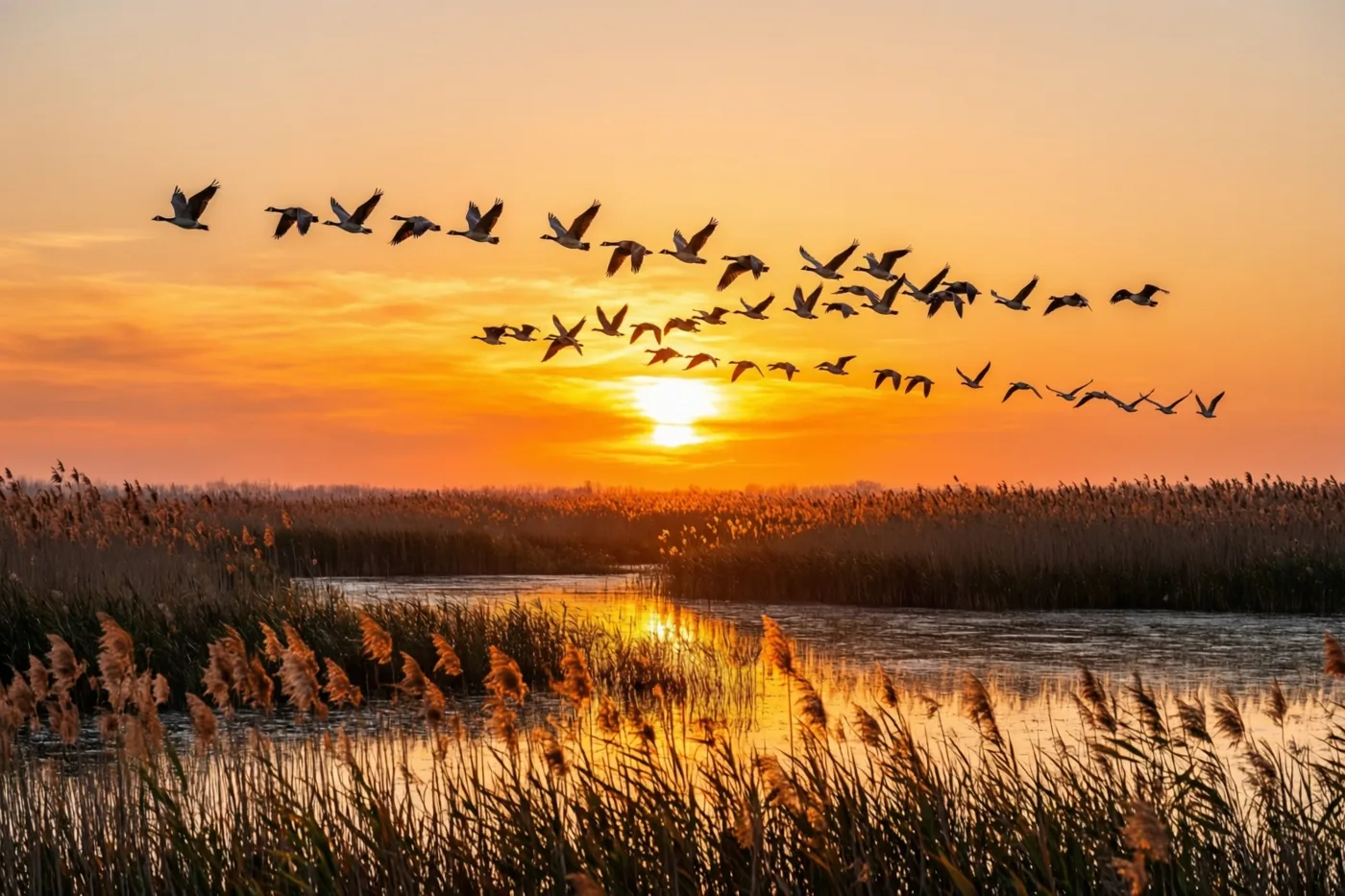 Een groep ganzen vliegt in formatie boven een moerasgebied met riet tegen een feloranje zonsondergang in warme oranje en gele tinten.