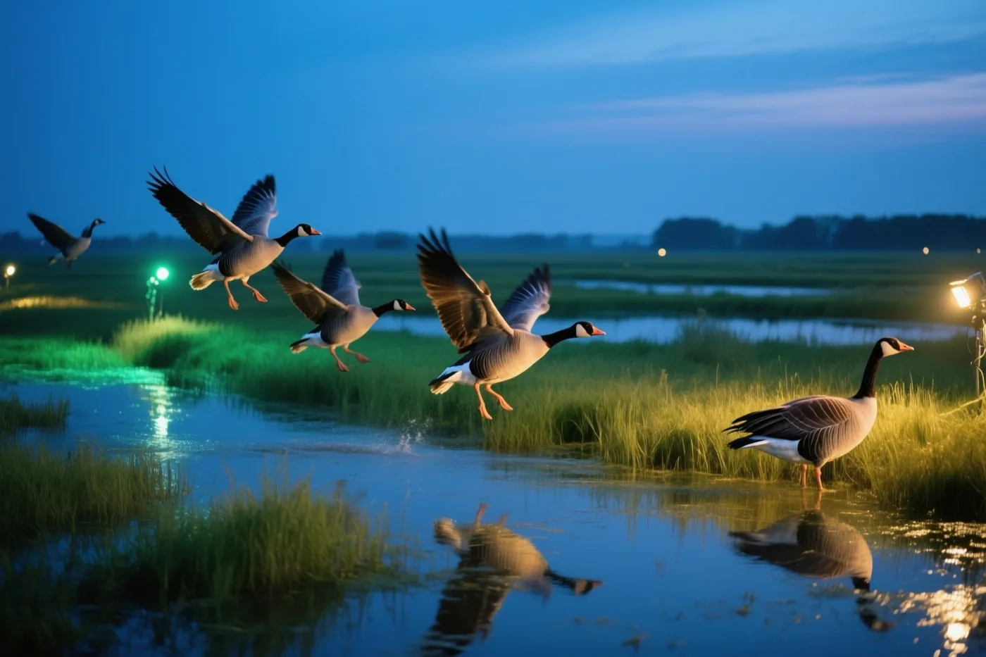 Ganzen dalen in de schemering neer naar een ondergelopen weide waar kunstlicht op het water weerspiegelt.