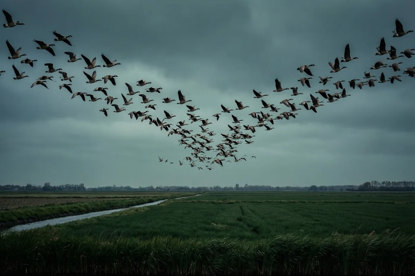 Een grote groep ganzen vliegt in V-formatie onder een bewolkte lucht boven groene poldervelden met een smalle waterloop.