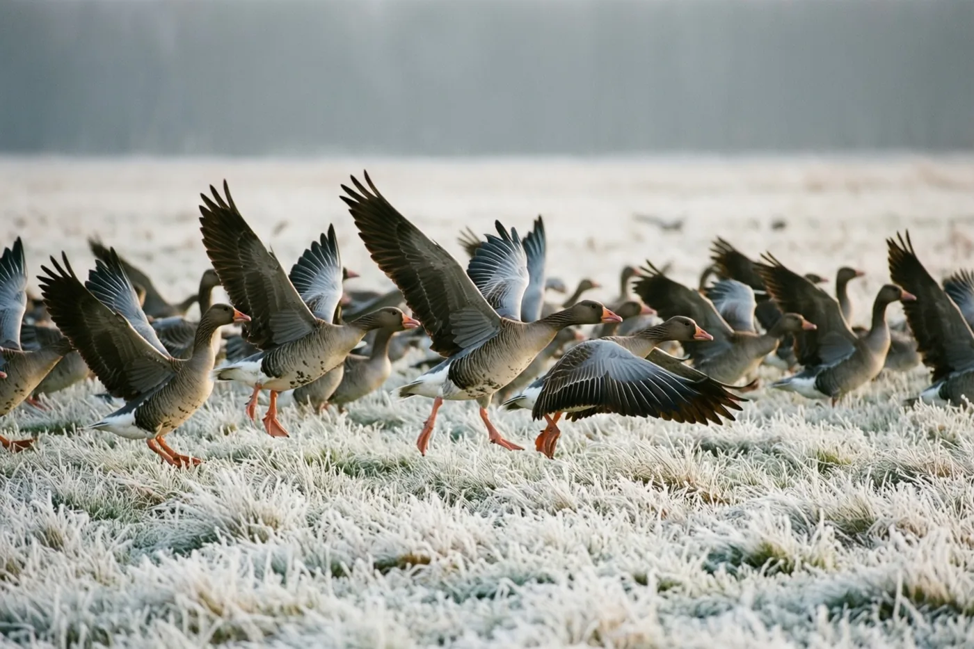 Een groep wilde ganzen landt met gespreide vleugels op wit berijpt gras tegen een gedempt grijze achtergrond en hemel.