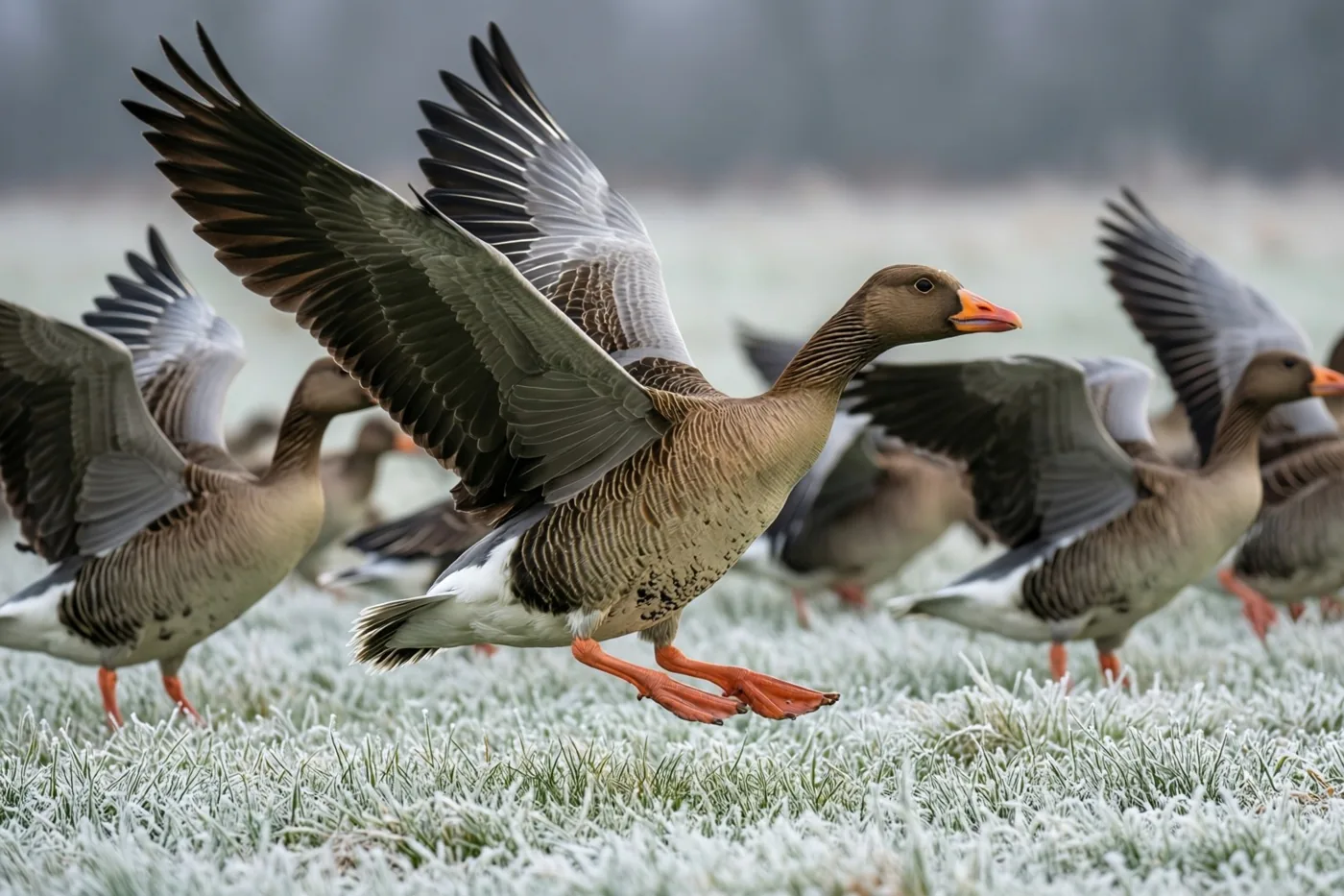 Wilde ganzen landen met gespreide vleugels op een berijpte weide onder een grijze hemel, in bruine, witte en oranje tinten.