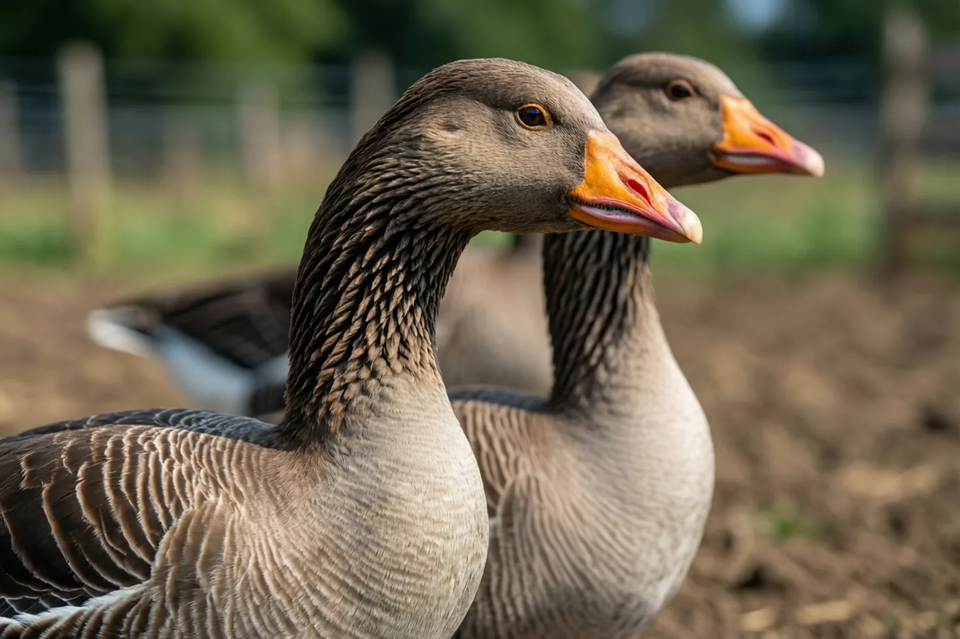 Twee ganzen met opvallend oranje snavels lopen naast elkaar op een boerenerf in bruine en grijze tinten.