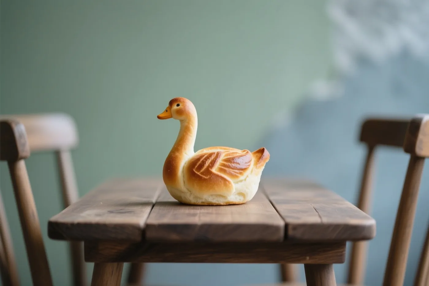 Een goudbruin broodje in de vorm van een gans ligt op een rustieke houten tafel, met een gedempt groene muur en houten stoelen achteraan.