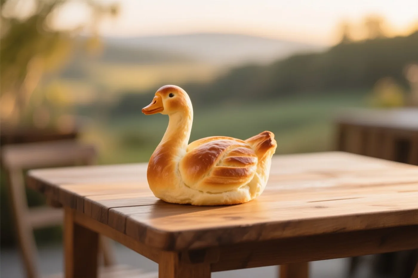Een goudbruin broodje in de vorm van een gans ligt buiten op een houten tafel, met een wazig heuvellandschap bij een gouden zonsondergang.