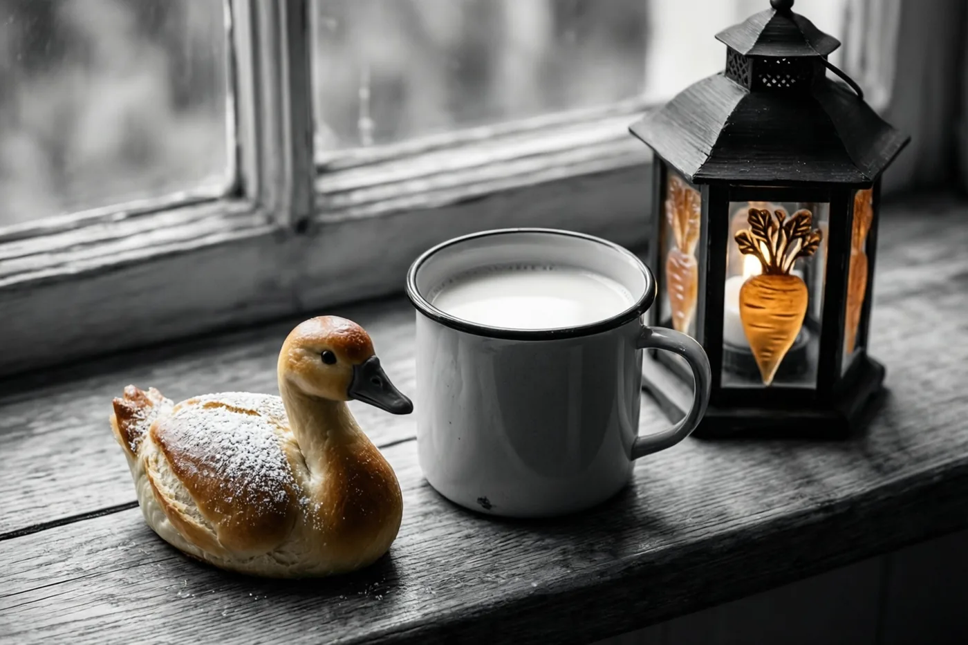 Een mok warme melk en een ganzenbroodje staan op een houten vensterbank naast een brandende lantaarn met uitgesneden suikerbietmotieven, in een grotendeels monochroom beeld met warme kleuraccenten op brood en licht.