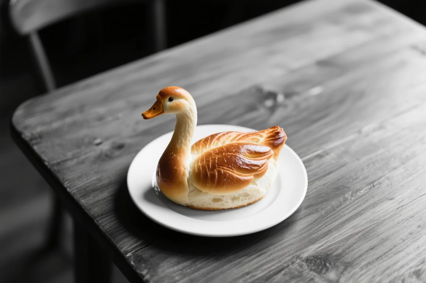 Een goudbruin broodje in de vorm van een gans met een oranje snavel ligt op een wit bord op een donkere houten tafel, in een verder monochroom beeld.