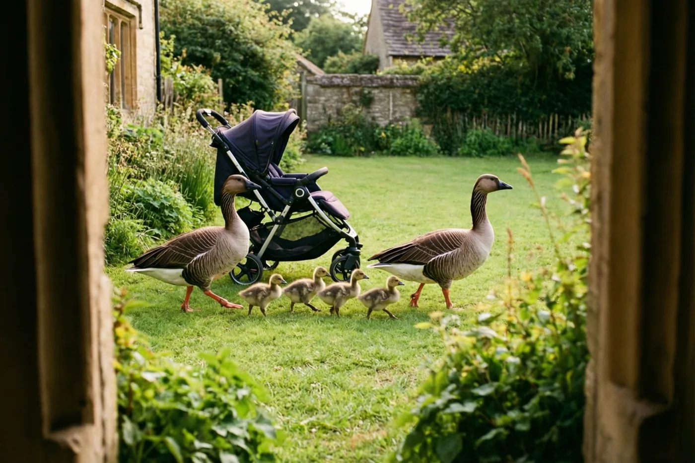Door een houten raamkozijn is een ganzenfamilie met vier kuikens te zien op een dorpsgrasveld naast een donkerpaarse kinderwagen, met groen en stenen gebouwen op de achtergrond.